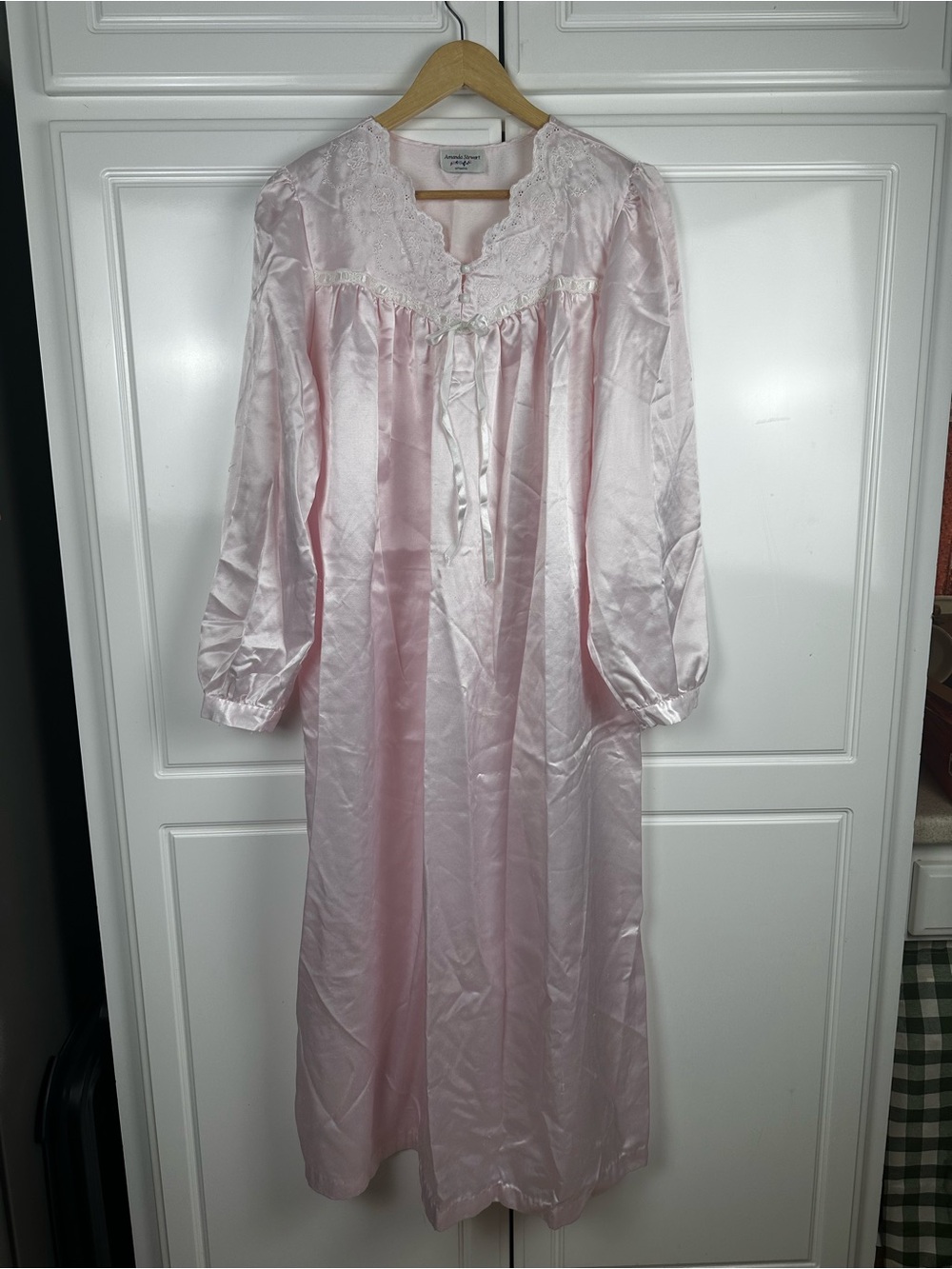 Light Pink Satin Long Sleeve Nightgown with Lace Yoke - Anna Stewart Country